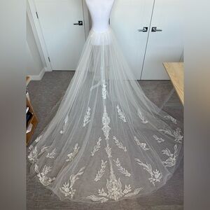 Elegant Ivory with Beaded Lace Detail Wedding Open Front Belted Overskirt